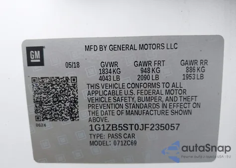 2018 Chevrolet Malibu 1Ls из США, поврежденный, VIN 1G1ZB5ST0JF235057